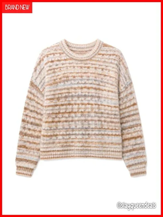 Striped Cable Knit Chunky Pullover Sweater Crewneck Long Sleeve Fall Winter Top