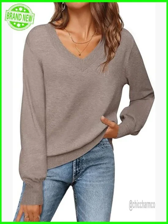 Lightweight Knit Pullover Sweater Long Sleeve V-Neck Casual Fall Winter Tops