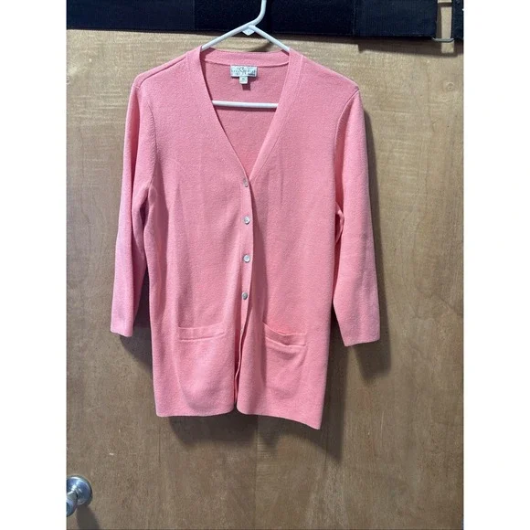 Studio works Button Down Long Pink Cardigan Petite Large 3/4 Sleeve Pearl Button