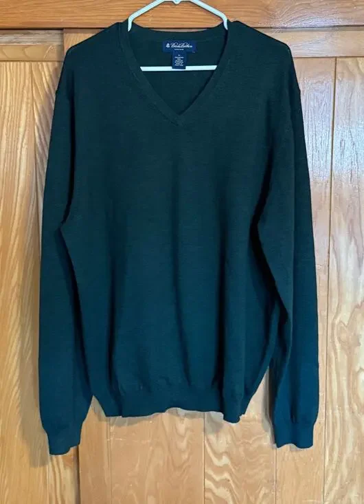 Vintage Brooks Brothers Dark Green Merino Wool V-Neck Sweater - XL