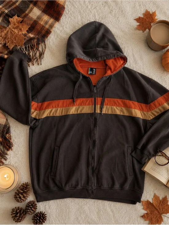 Bluez Brown Retro Stripe Full Zip Hoodie Jacket Men’s 2XL Casual Streetwear
