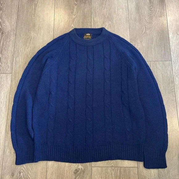 Vintage Campus Mens Royal Blue Cable Knit Raglan Crewneck Sweater Made in Korea