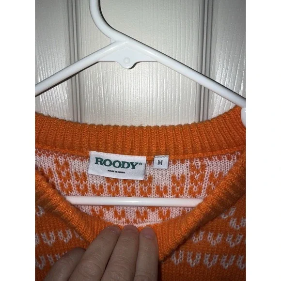 ROODY  Mens Orange Teal Christmas Winter Sweater Crewneck Pullover Hearts Checks