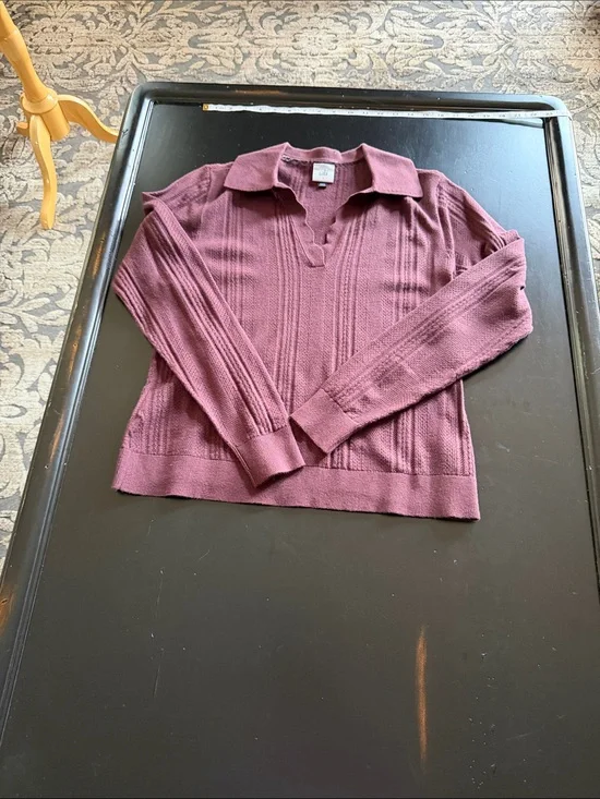 CAbi Plum-Red Scalloped V-Neck Knit Top#4480