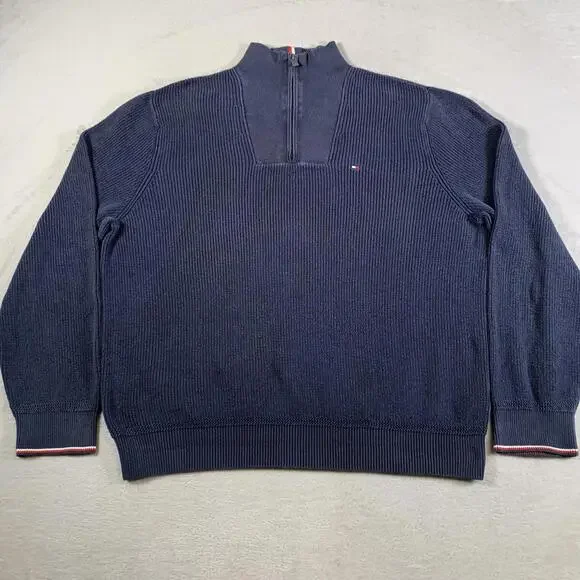 Tommy Hilfiger Sweater Mens XL Navy Blue 1/4 Zip‎ Pullover 100% Cotton Rib Knit