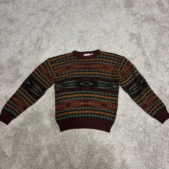 Vintage Campus Grandpa Sweater Men’s Medium - Green Brown Aztec Geometric 80s