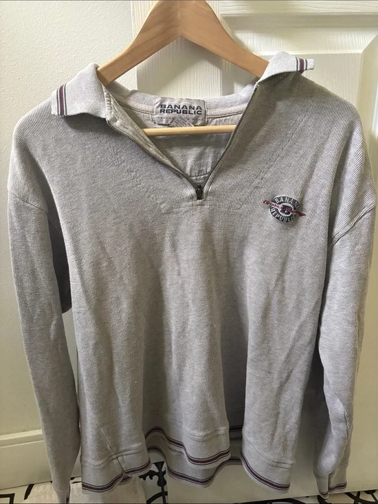 Banana Republic Men's Light Gray Zip Polo Sweater with Stripe Trim