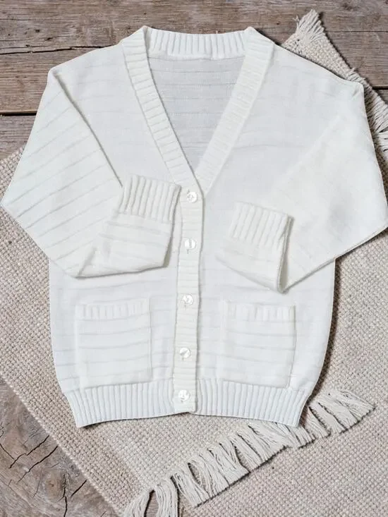 VINTAGE 70's 60's White Ribbed Knit Sweater Cardigan With Pockets S M