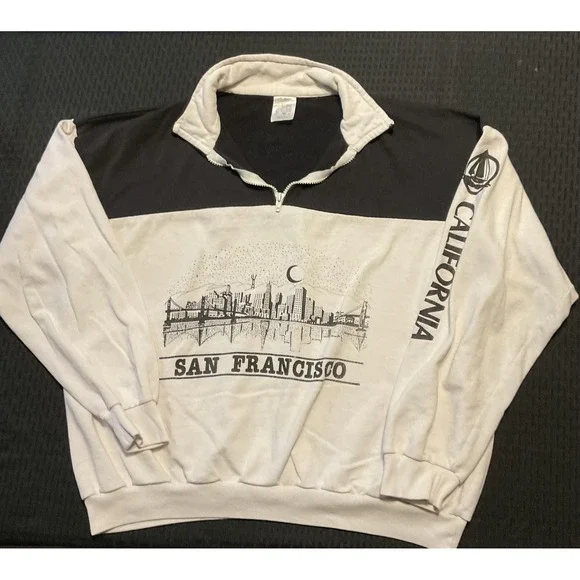 Vintage San Francisco Sweatshirt Mens Large White Black Quarter Zip Made USA 90s