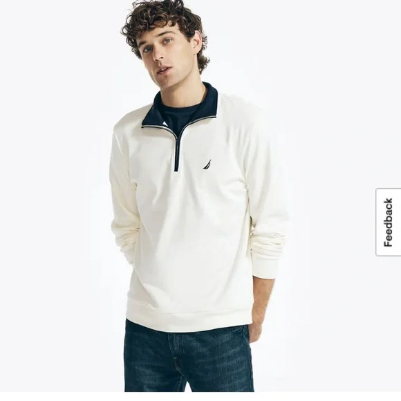 Nautica Quarter-Zip Pullover with Navy Trim Off White & Navy 💯% Cotton