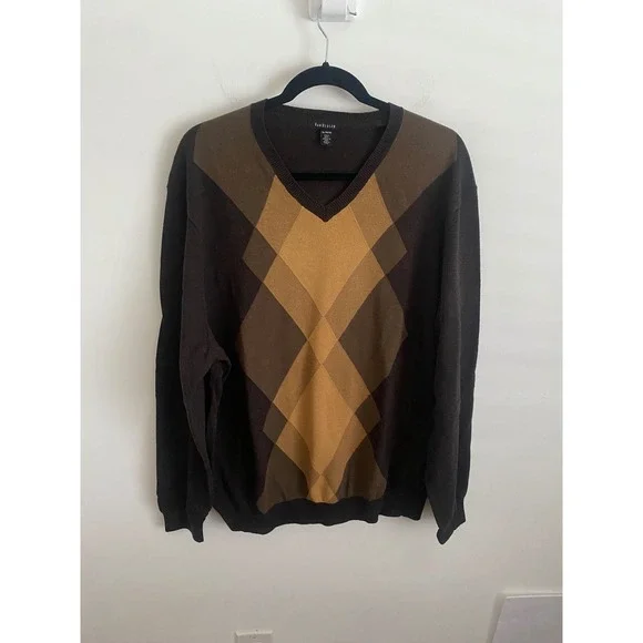 Argyle V-Neck Sweater Brown Tan Gold Knit Pullover Long Sleeve Men's‎ XL