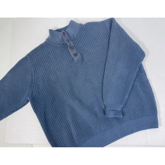LL Bean Mens Mock Neck Sweater XL Blue Shaker Stitch Preppy Grandpa Core Coastal