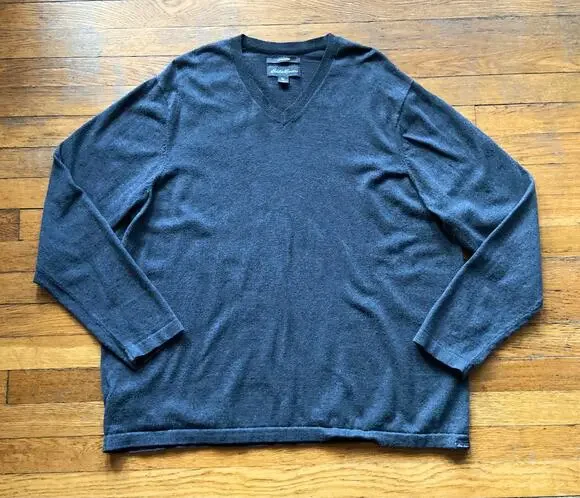 EDDIE BAUER Gray Cotton Merino Wool V-Neck Sweater Mens sz 2XL