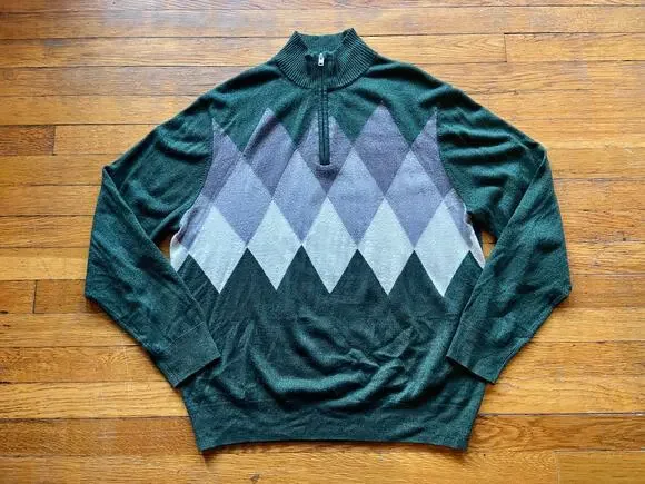 DOCKERS Green/Gray Argyle 1/4 Zip Sweater Mens sz XL