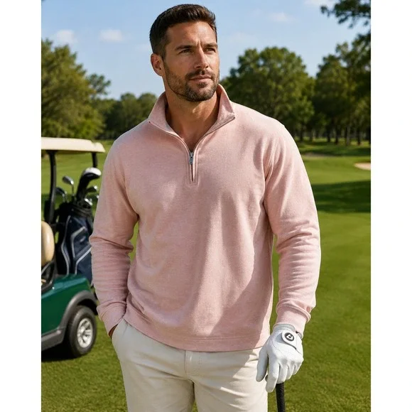 Peter‎ Millar Mens 2XL Peach Heathered Quarter Zip Pullover Knit Mock Neck