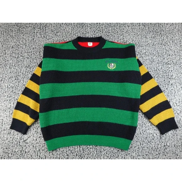 BDG Urban Outfitters Mens Striped Knit Sweater Medium Green Navy‎ Yellow Crest