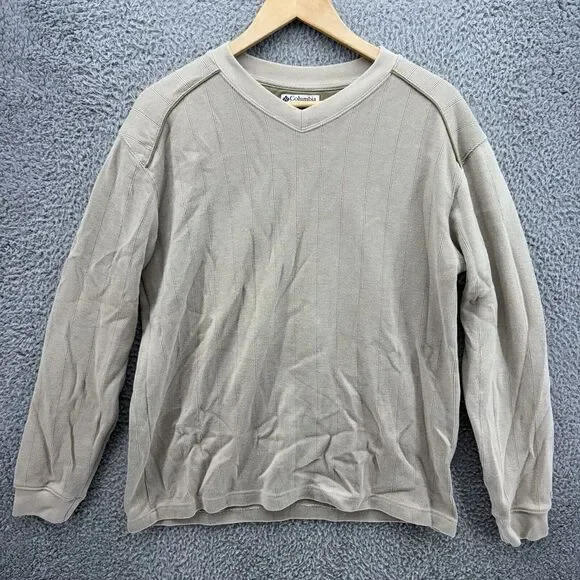 Columbia Men's Large Pullover Ribbed‎ Knit Tan Brown Sweater V-Neck Long Sleeve