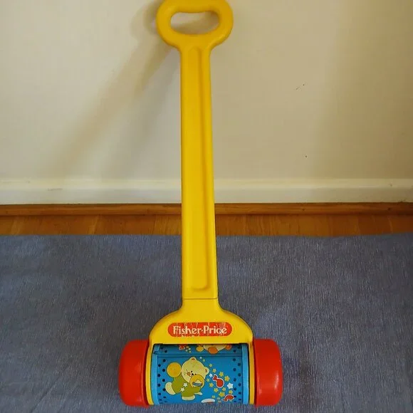 Vintage 1992 Fisher Price Musical Melody Chime Push Roller Yellow Handle 22