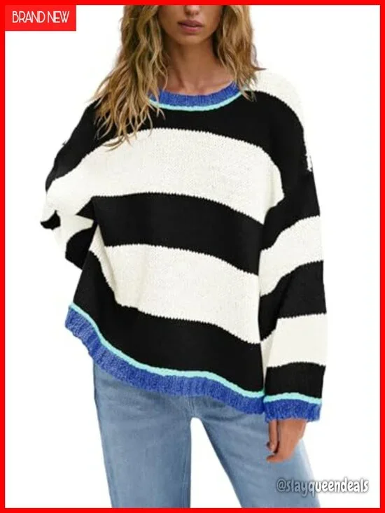 Oversized Chunky Cable Knit Striped Pullover Sweater