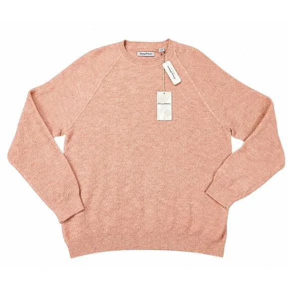Tommy Bahama Soundscape Crew Sweater Men's Large Coral Orange Herringbone NWT