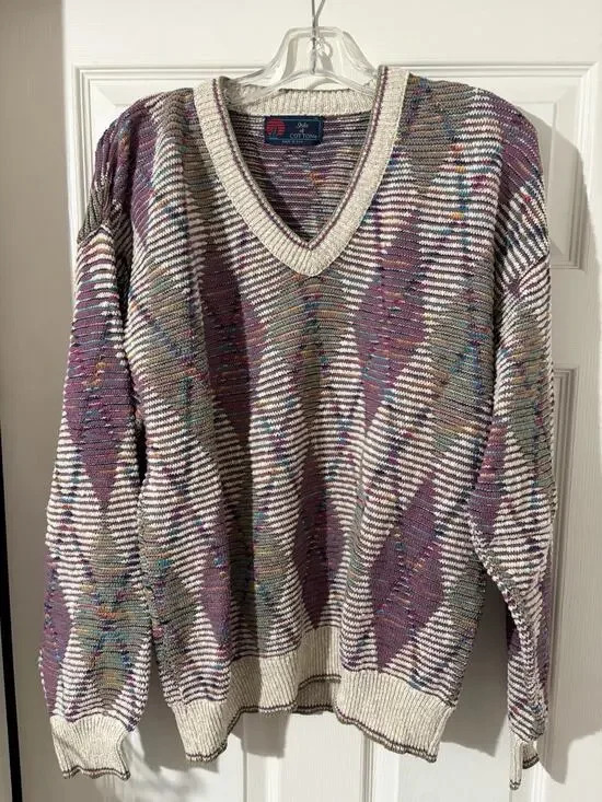 Vintage Isle Of Cotton Sweater Argyle Sz M Made In USA Knit