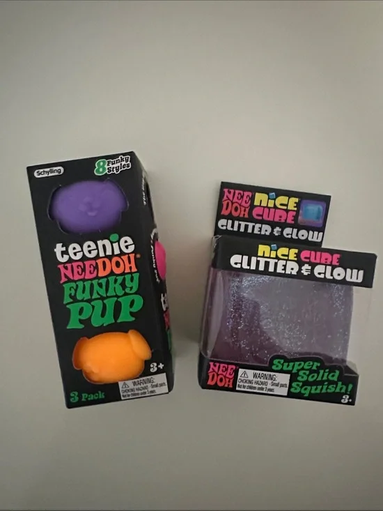 NeeDoh Teenie Funky Pups and Purple Glitter and Glow Cube Bundle