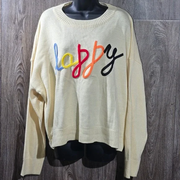 Shein Curve Women's 3XL Cream‎ Happy Graphic Crew Neck Pullover Sweater