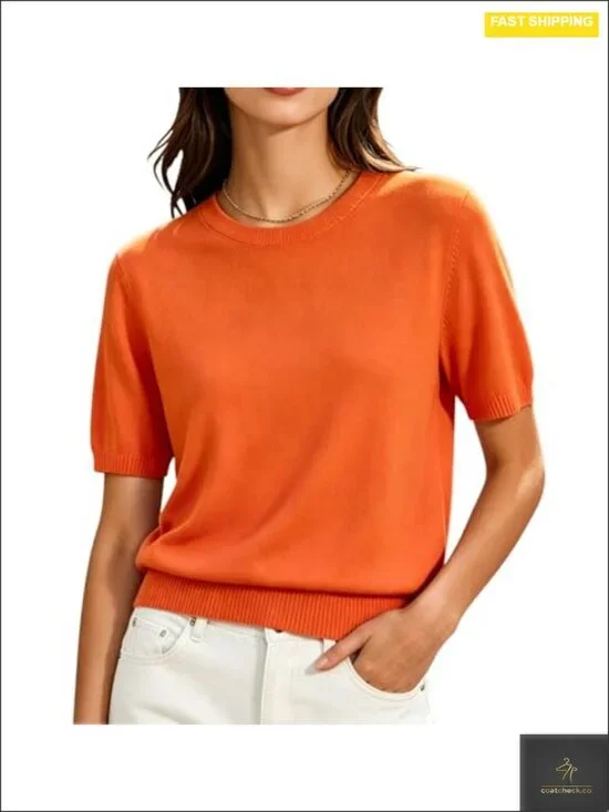 Short Sleeve Sweater Crew Neck Ribbed Hem Lightweight Knit Pullover