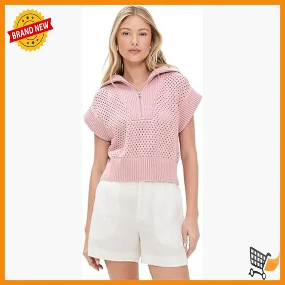 Cropped Half Zip Cotton Sweater, Loose Fit, Short Sleeve Pullover