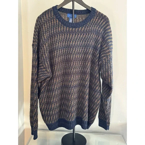 Vintage Towncraft Sweater XL Tall Blue Brown‎ Knit Retro 90s Grandpa Cosby