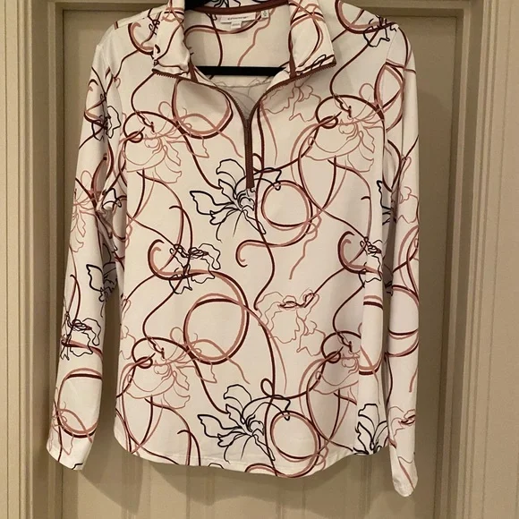 Chico's White and Brown Floral Long Sleeve Quarter Zip