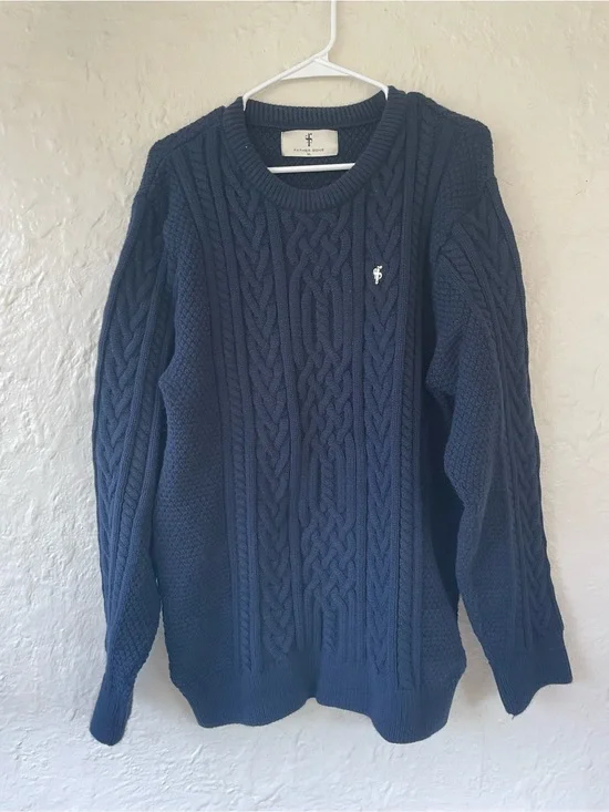 FATHERS & SONS NAVY TWISTED BRAID WEAVE HEAVY SWEATER GOLD  LOGO FSJ036; size XL