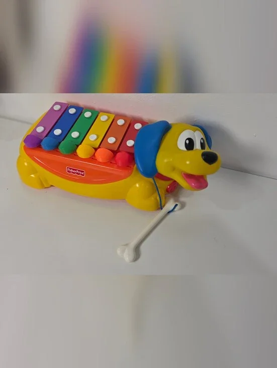 Vintage 2002 Fisher Price Yellow Dog Rolling Xylophone/Piano  No Tail