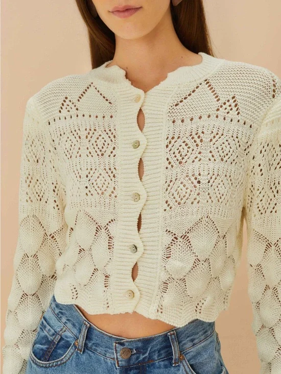 Farm Rio Off-White Mixed Lace Stitch Cardigan