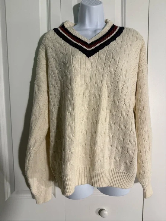 Classic Men's V-Neck Cable Knit Sweater in Cream with Navy & Maroon Trim