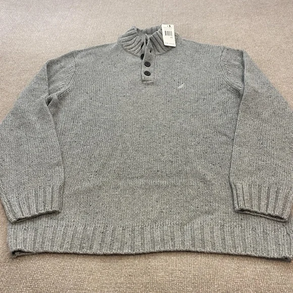 Nautica Sweater Mens 2XL Gray Mock‎ Neck Henley Button Knit Pullover Long Sleeve