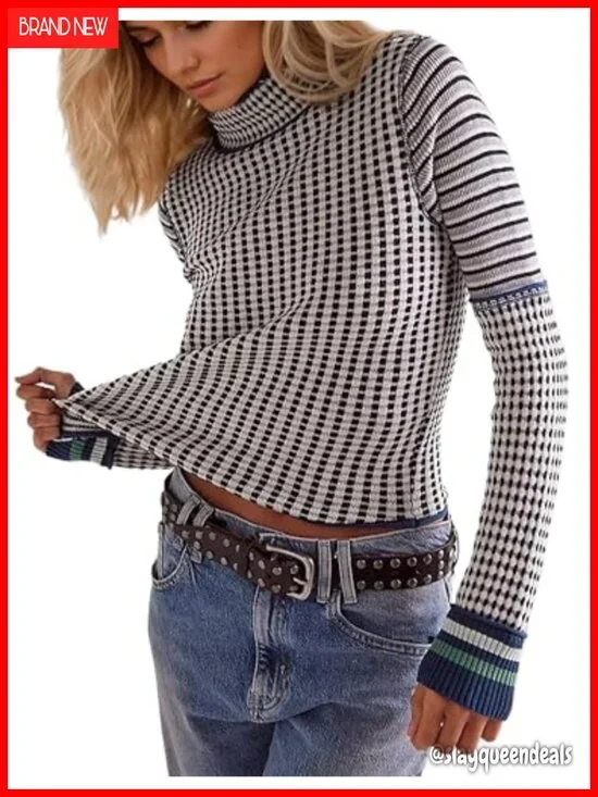 Mock Neck Striped Cropped Slim Fit Pullover Sweater Women Knit Tops
