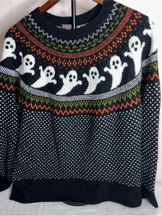 Vince Camuto Black Halloween Ghost  Sweater with Orange and Olive Accents