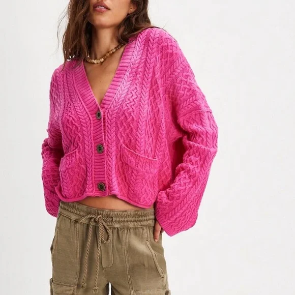 NWOT Free People Washed Ashore Cardi, Hot Pink Combo, XS
