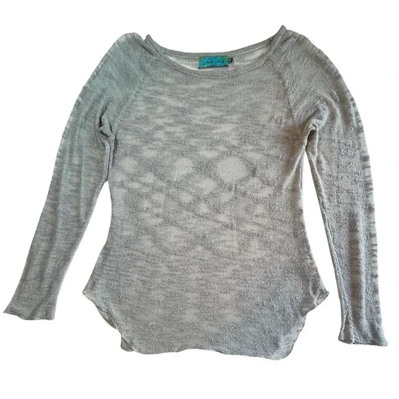 Women's Gray Crochet Knit Sweater Size L XL Grunge Boho Distressed Artsy Natural