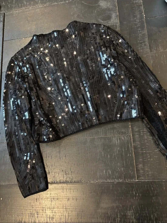 Zara Black Zara Sequin Embellished Chenille Cropped Sweater Size Small