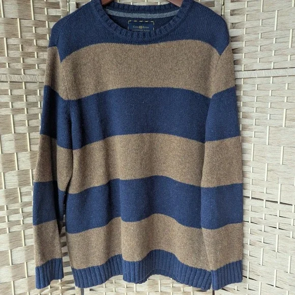 Club Room Lambswool Blend Striped Crew Neck Sweater Navy Blue Brown Mens‎ Sz XL