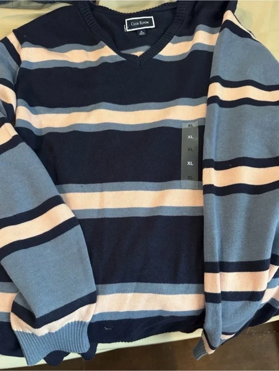 Club Room Men’s Navy, Light Blue & Cream Striped V-Neck Sweater
