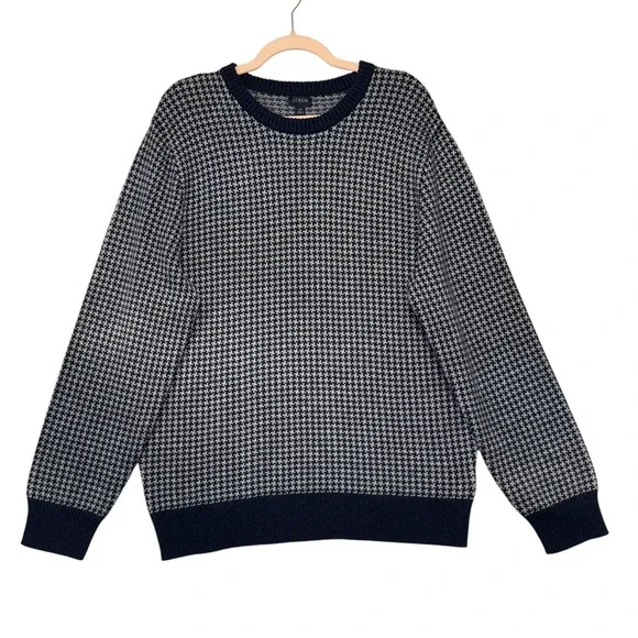 J.Crew Mens Houndstooth Crewneck Sweater Navy Blue Gray Lambswool Blend Size M