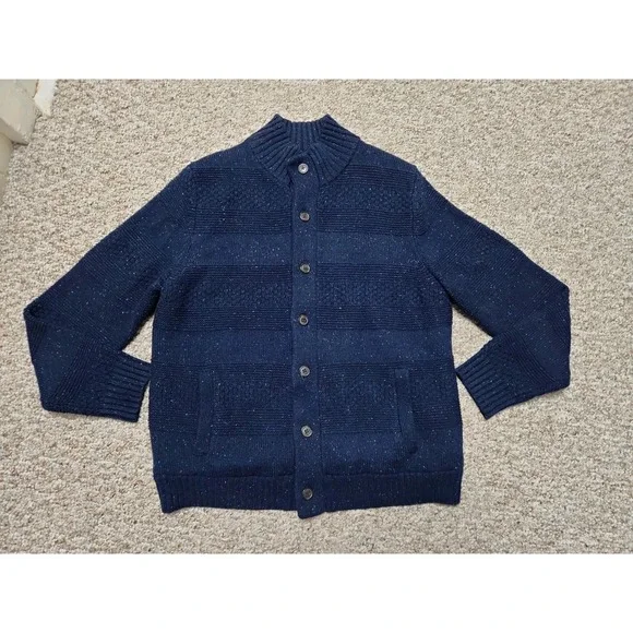 Lands' End Navy Textured Wool Blend Sherpa Trim Button Sweater Men's Large 42-44