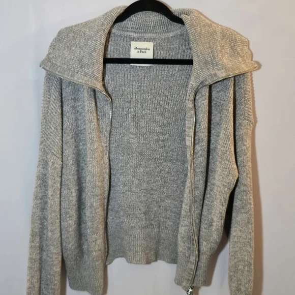 Abercrombie & Fitch Gray Ribbed Heavyweight Knit Double Zip Cardigan Sweater, L