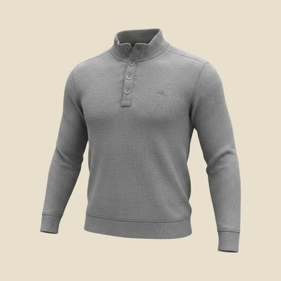 Tommy Bahama Mens XL Grey Ribbed Mock Neck 4-Button Pullover Sweater Marlin Logo