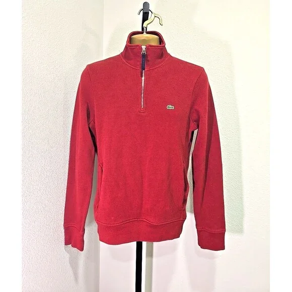 Lacoste Mock Neck Sweater Mens Sm Cotton 1/4 Zip Logo Ribbed Red Classic Preppy