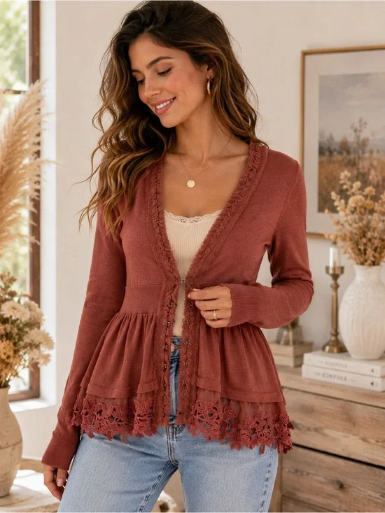 Anthropologie Moth Rust Ruffle Lace Trim Empire Waist Cardigan Medium