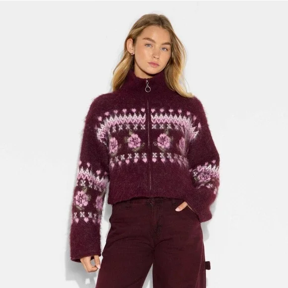 Wild Fable Burgundy Floral Fair Isle Zip Up Mock Neck Sweater XXL NWT